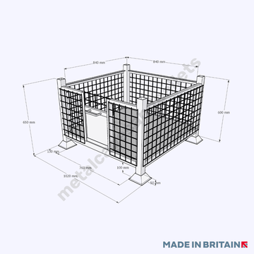 Measurements of mesh metal steel stillage pallet with hatch door that increases workplace efficiency and safety for sectors including manufacturing, warehousing, construction and automotive